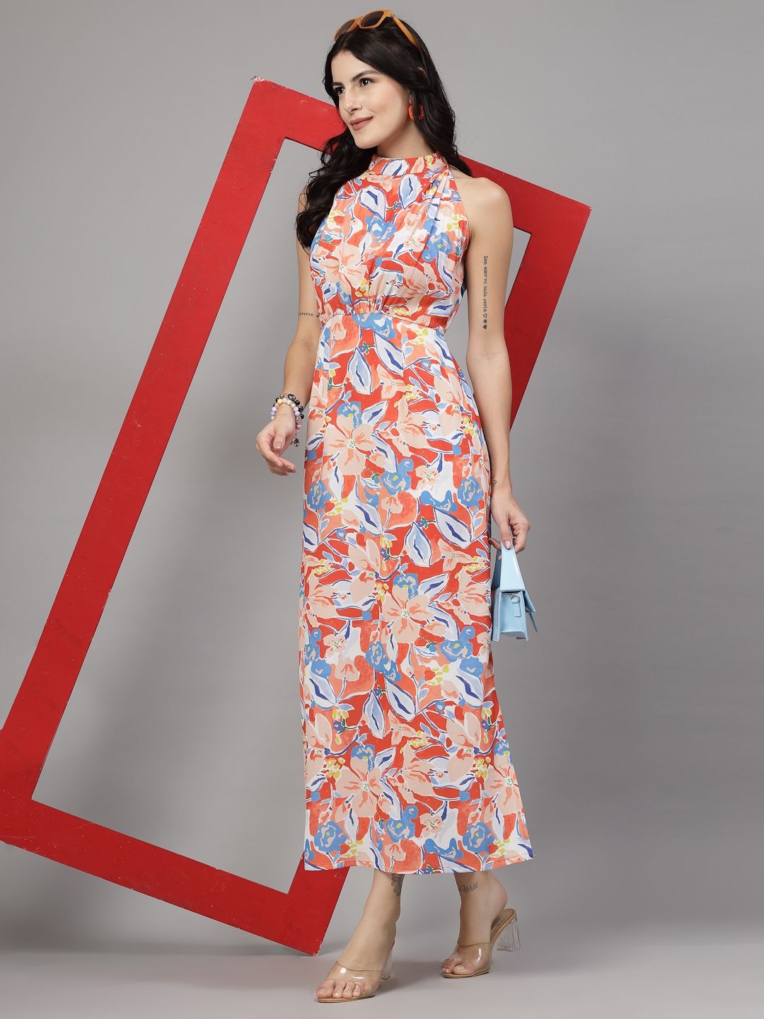 

JEFF COOPER Women Floral Printed Halter Neck Crepe Maxi Dress, Red