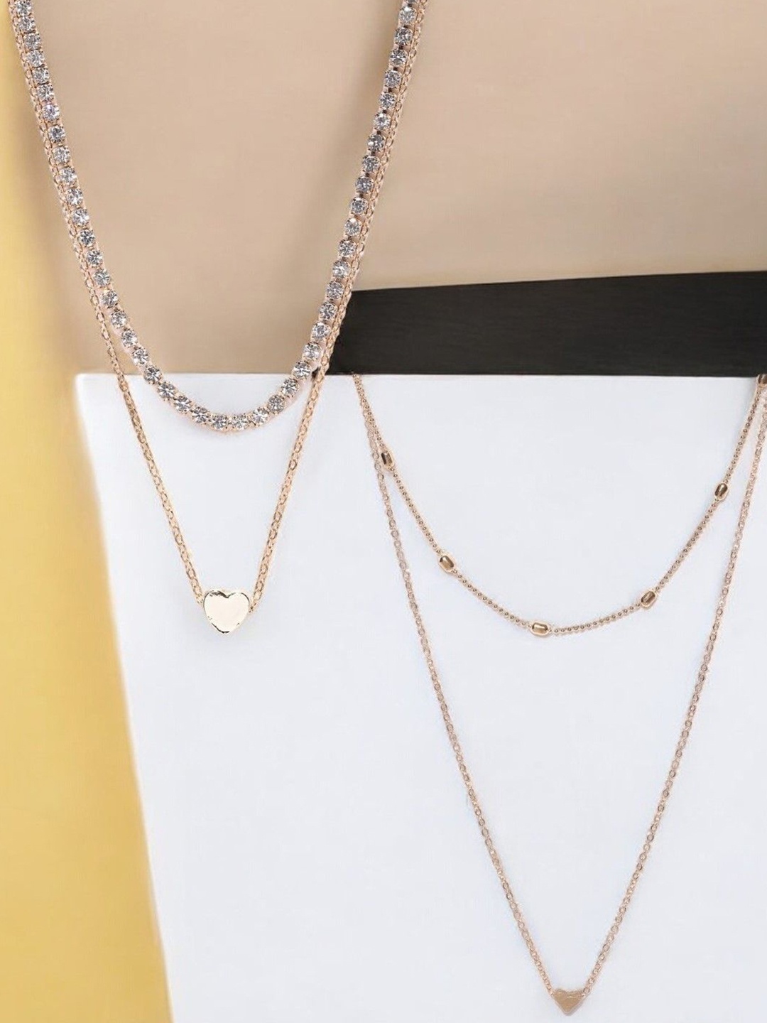 

fabula Set Of 2 Crystals Studded Multi-Strand Layered Minimal Charm Necklace, Gold