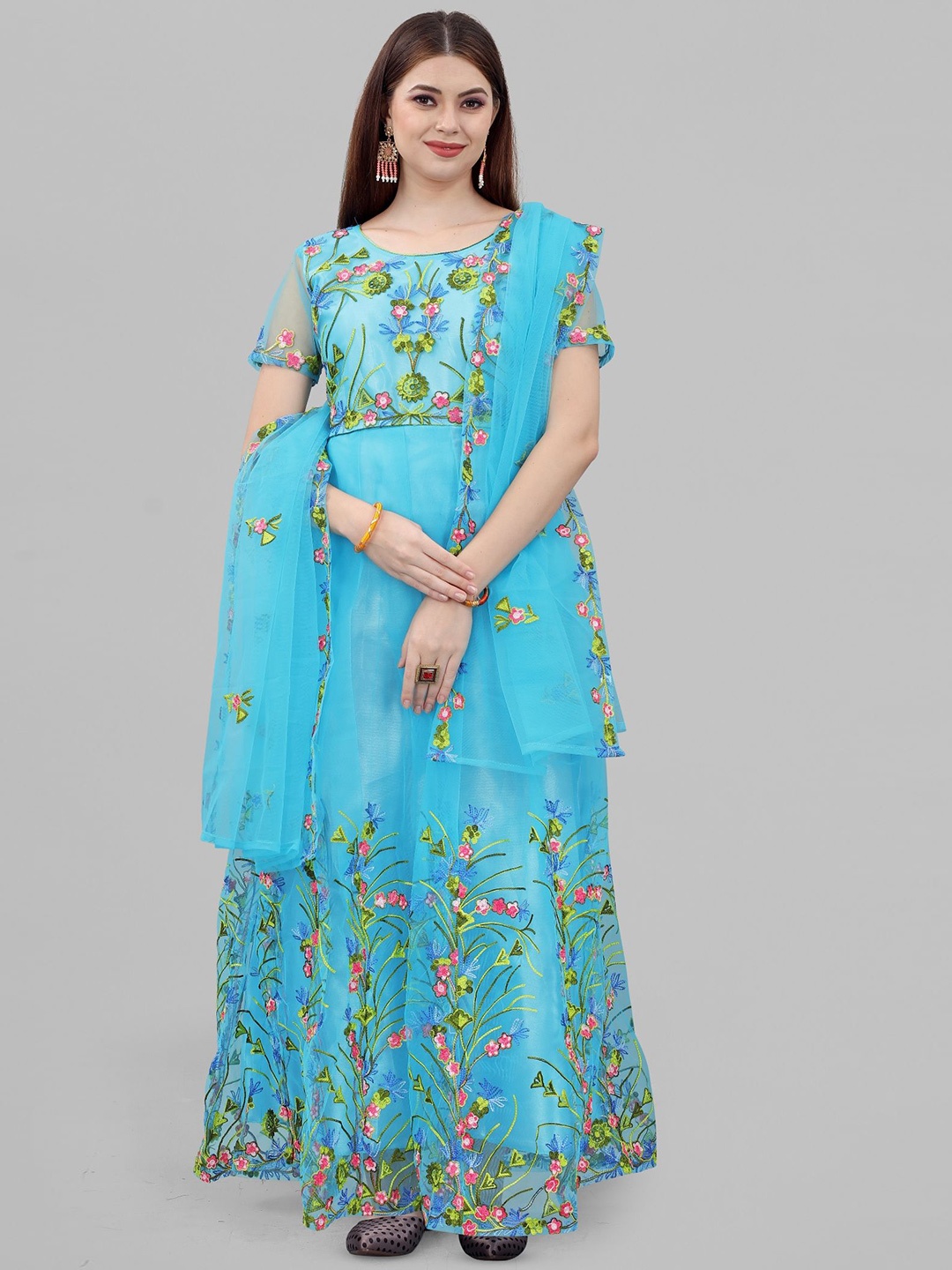 

LADY SHOPI Floral Embroidered Net Fit & Flare Maxi Ethnic Dresses With Dupatta, Turquoise blue