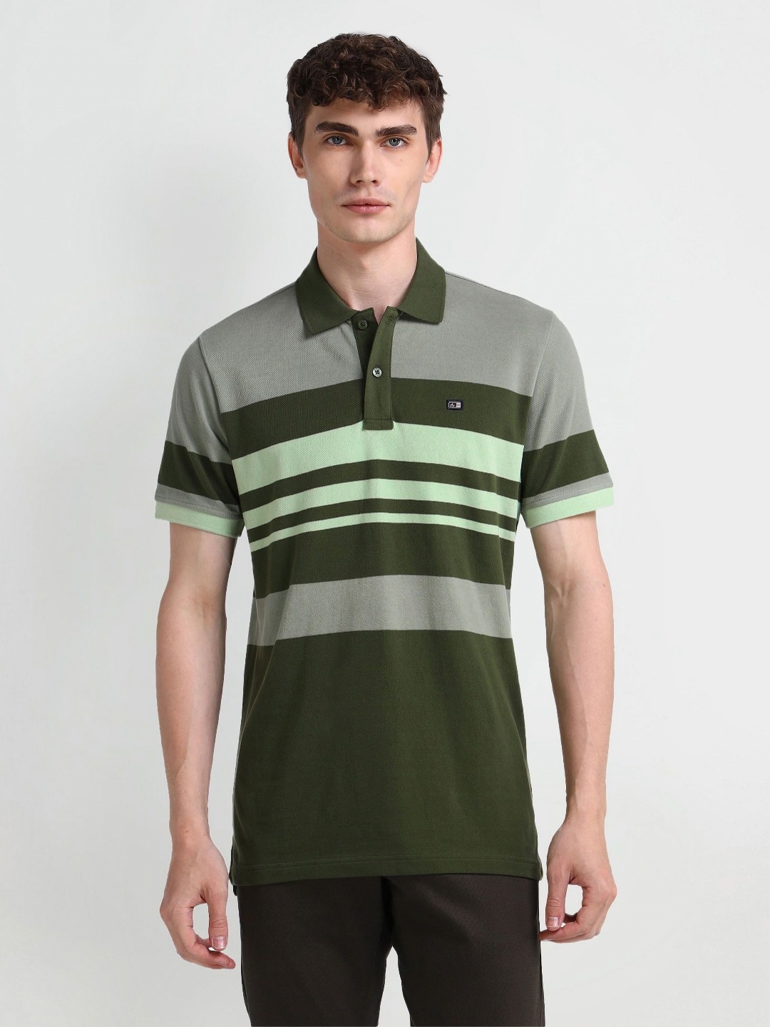 

Arrow Sport Men Striped Polo Collar Cotton T-shirt, Green