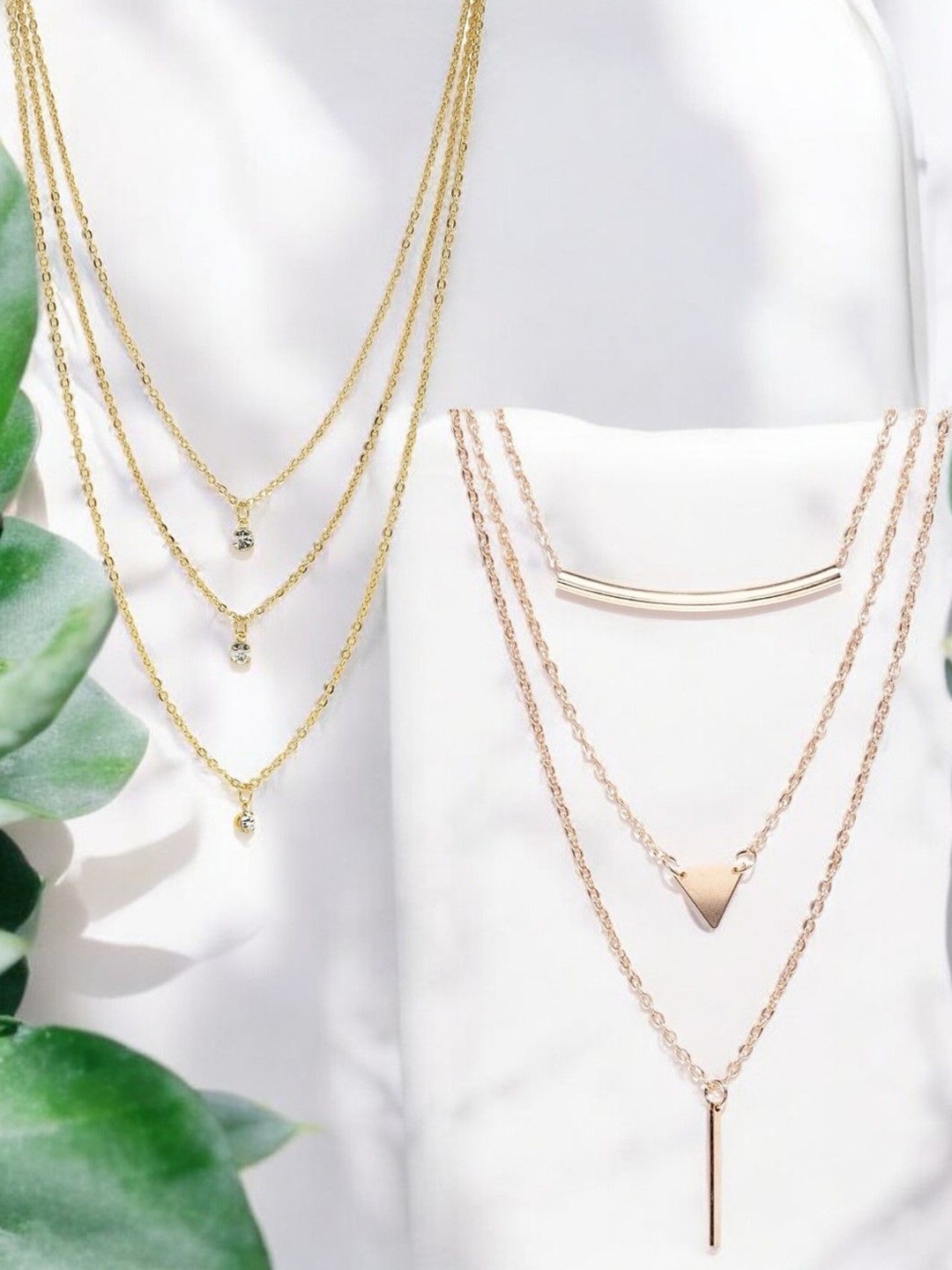 

fabula Set Of 2 Crystals Studded Multi-Strand Layered Minimal Charm Necklace, Gold