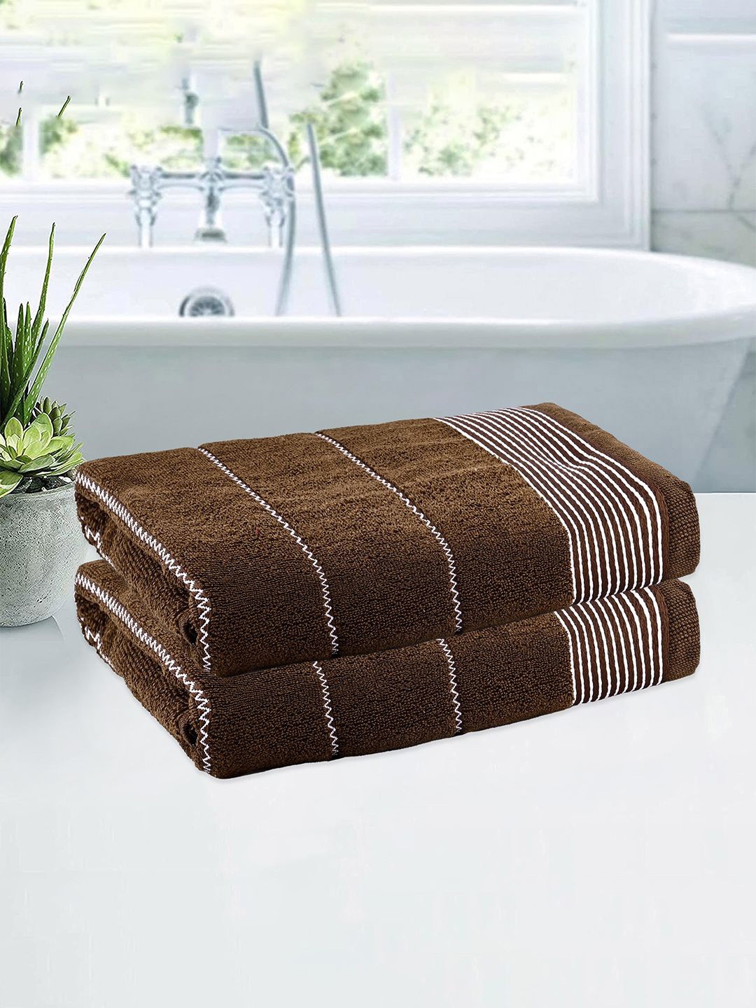 

Kuber Industries Brown & White 2 Pieces Striped Cotton 450 GSM Bath Towel