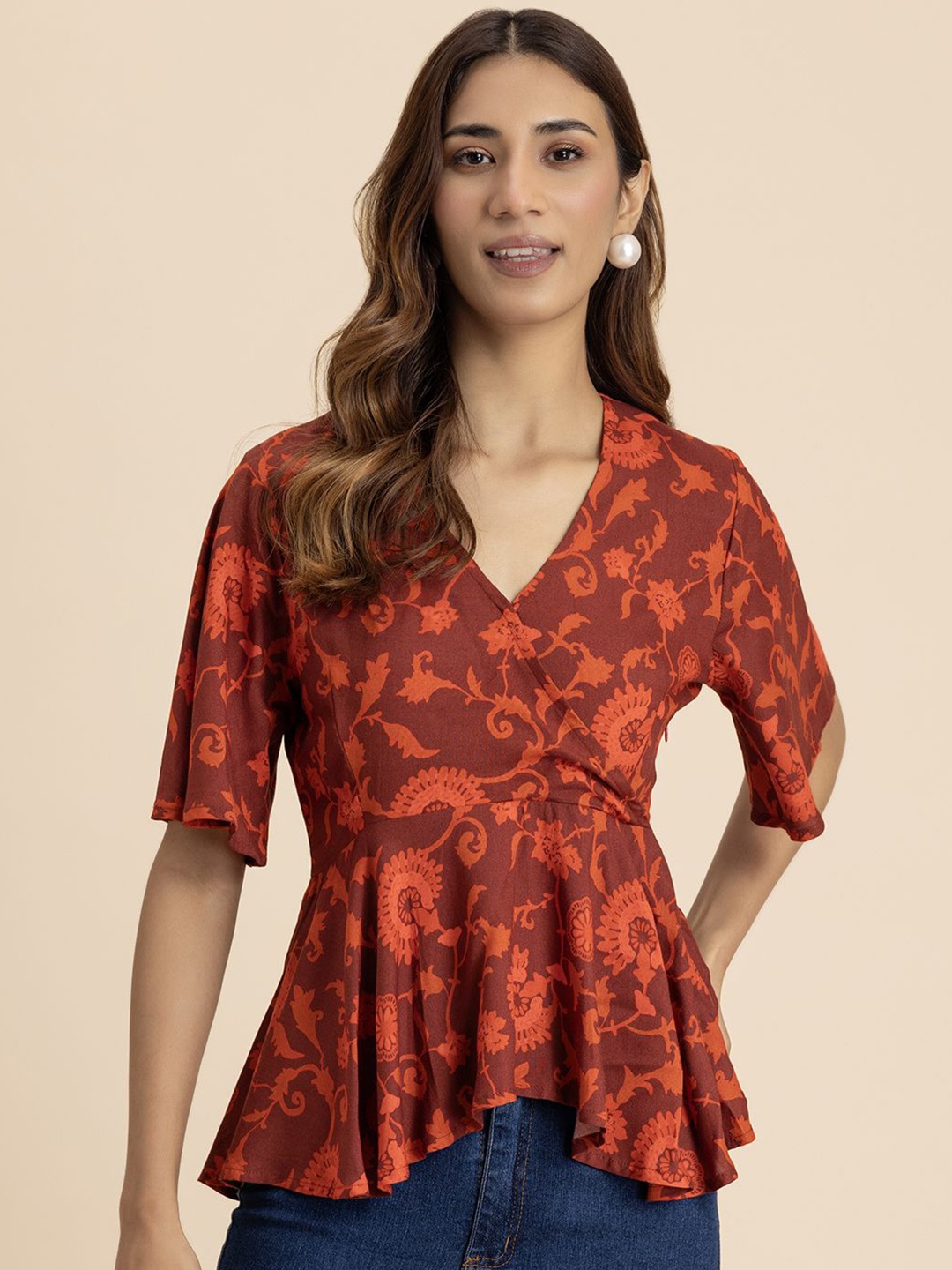 

Moomaya Women Floral Printed V-Neck Top, Maroon