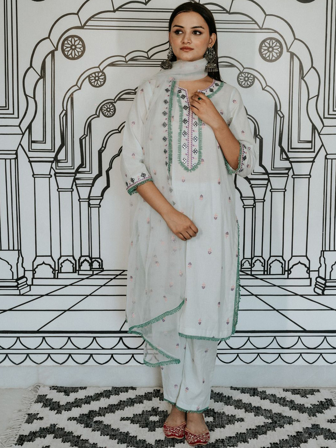

GulaboJaipur Floral Embroidered Mirror Work Pure Cotton Kurta with Trousers & Dupatta, White