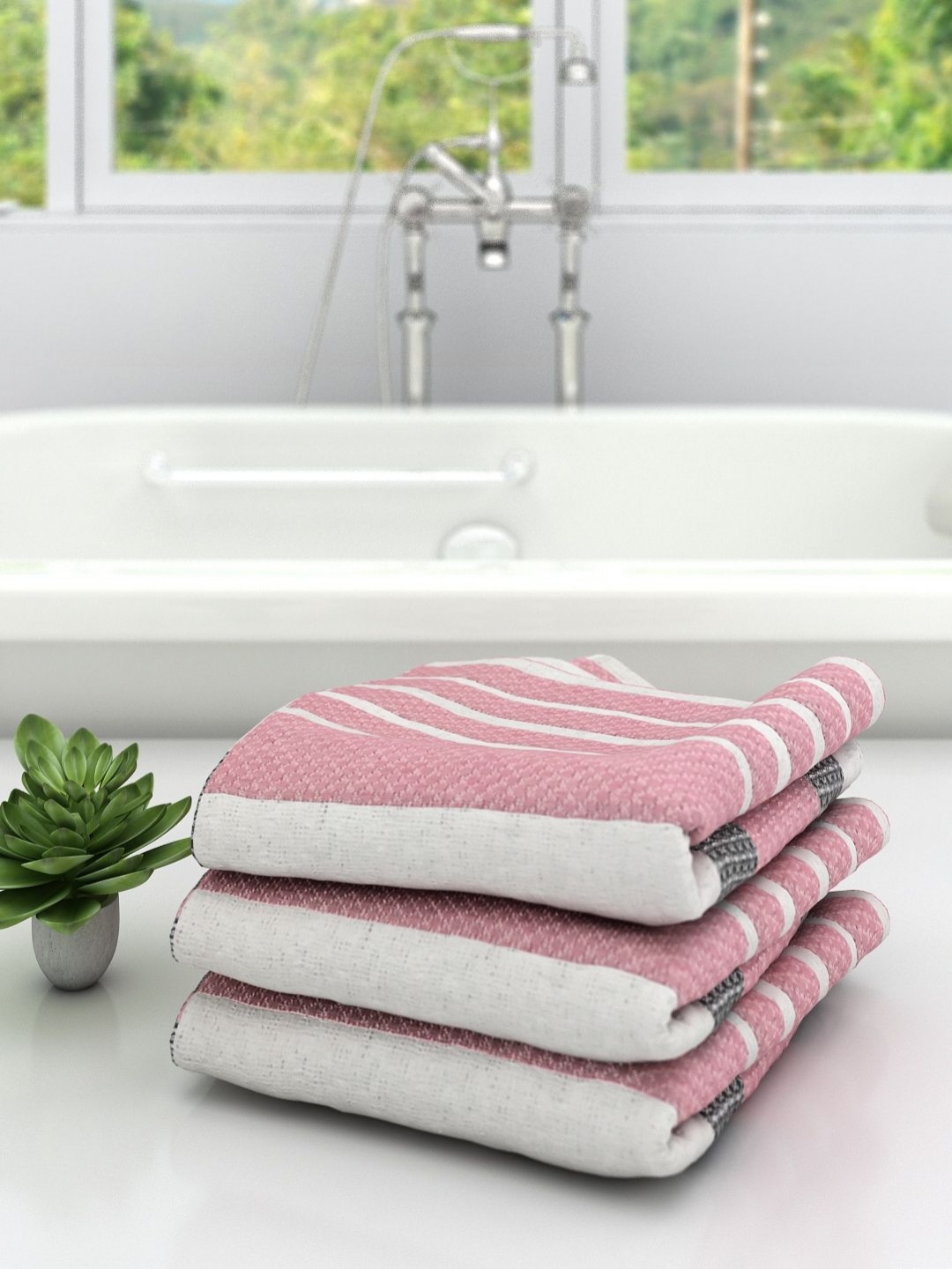 

Aura Pink & White 3 Pieces Striped Pure Cotton 210 GSM Bath Towels