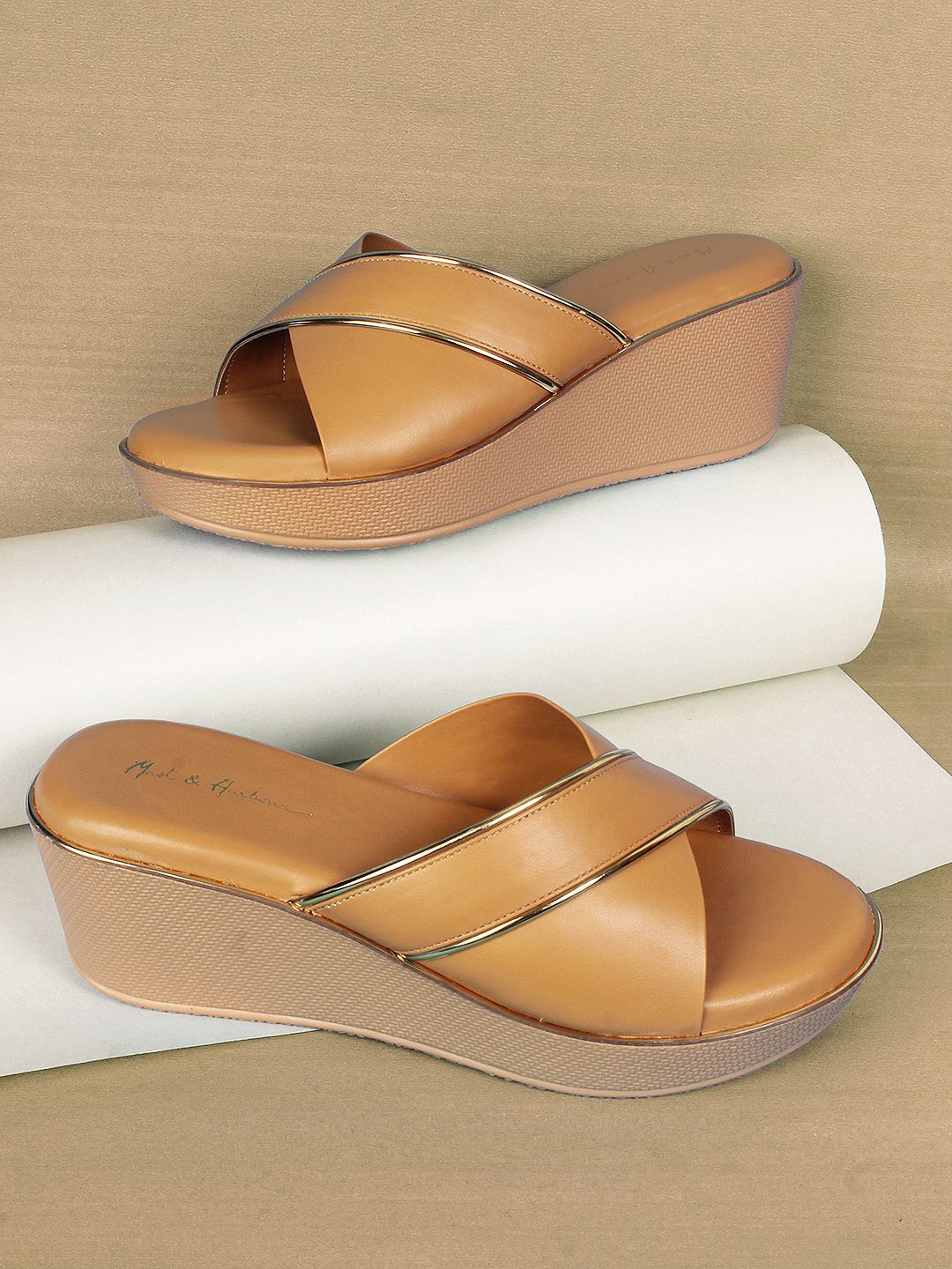 

Mast & Harbour Open Toe Wedge Heel Sandals, Camel brown