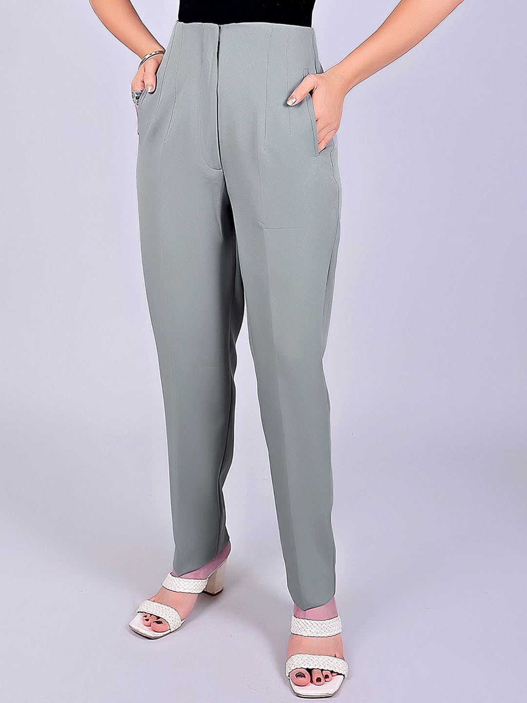 

BLUEBIRD Women Relaxed Straight Leg Straight Fit High-Rise Pleated Trousers, Grey