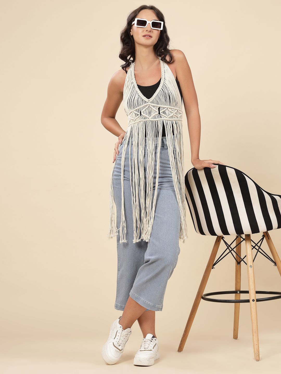 

Velvery Women Self Design Halter Neck Cotton Top, Off white