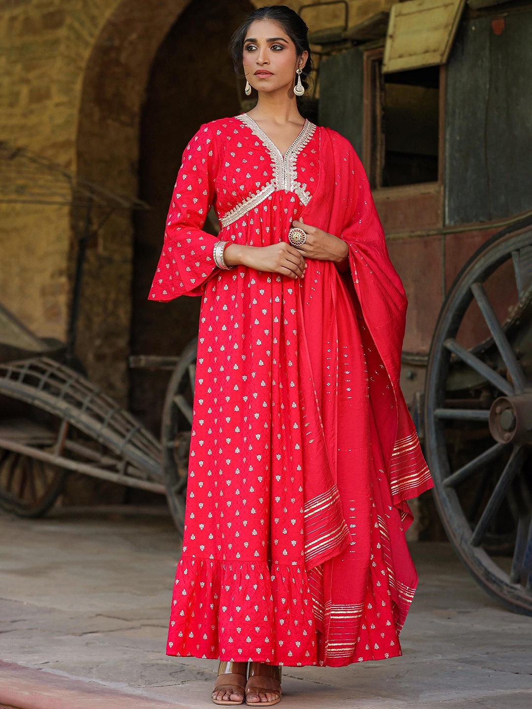 

SCAKHI V-Neck Embroidered & Printed Gathered or Pleated Maxi Ethnic Dress With Dupatta, Red