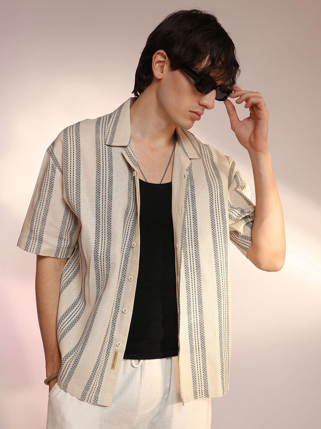 

Campus Sutra Men Comfort Cuban Collar Vertical Striped Cotton Oversized Casual Shirt, Beige