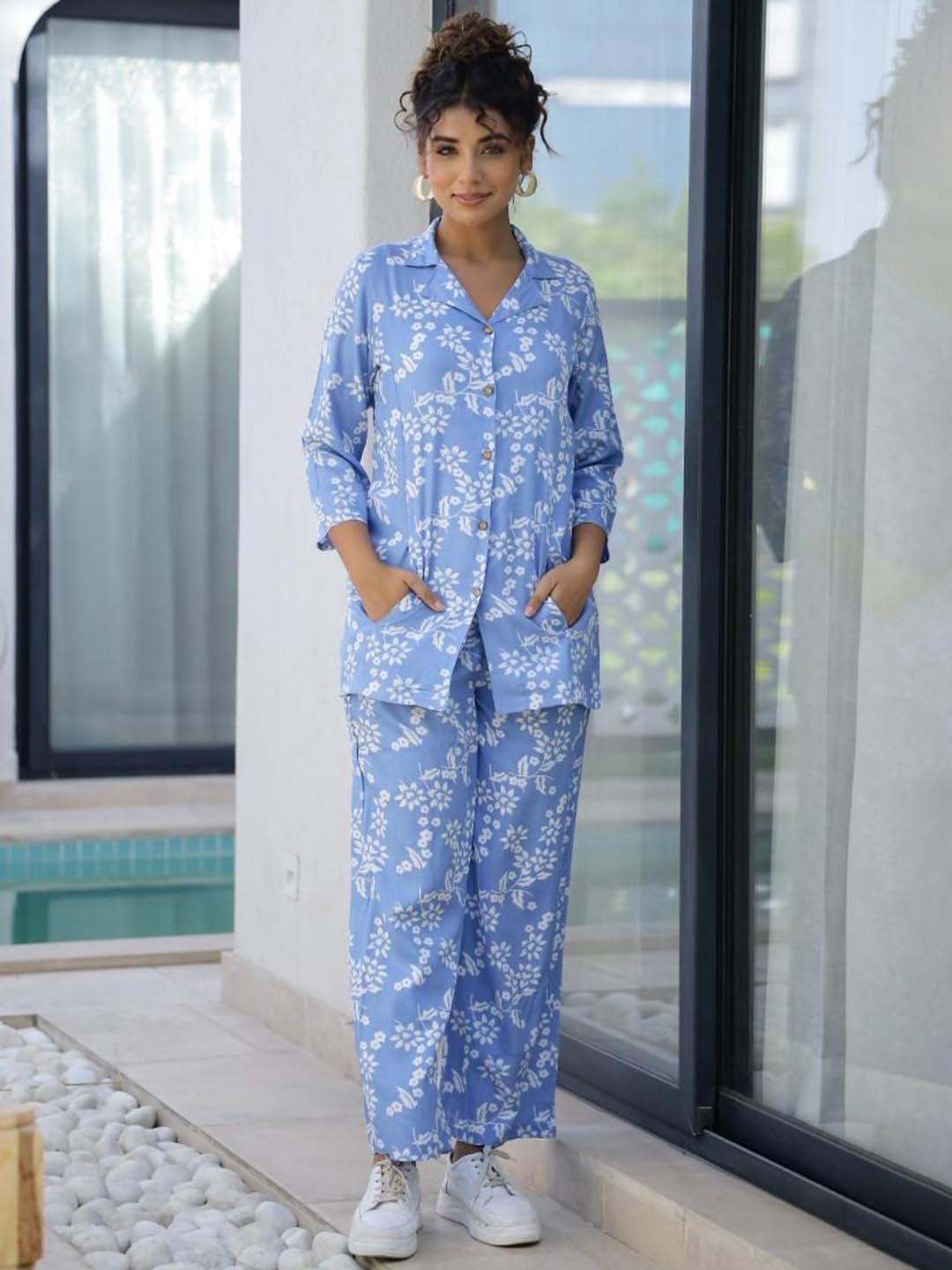 

FLAVIA CREATION Printed Pure Cotton Shirt With Trousers, Blue