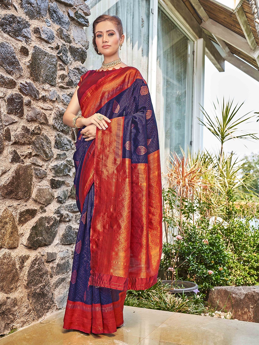 

Krimmple Woven Design Zari Kanjeevaram Saree, Blue