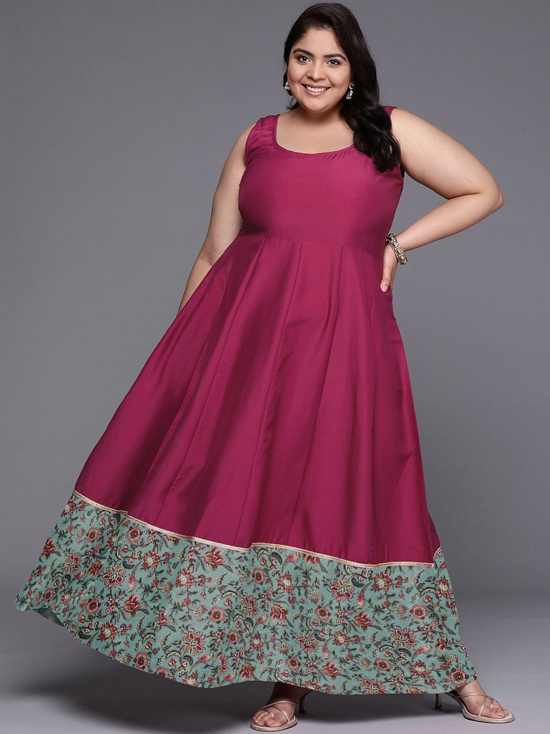 

A PLUS BY AHALYAA Plus Size Empire 3XL Maxi Ethnic Dress, Burgundy