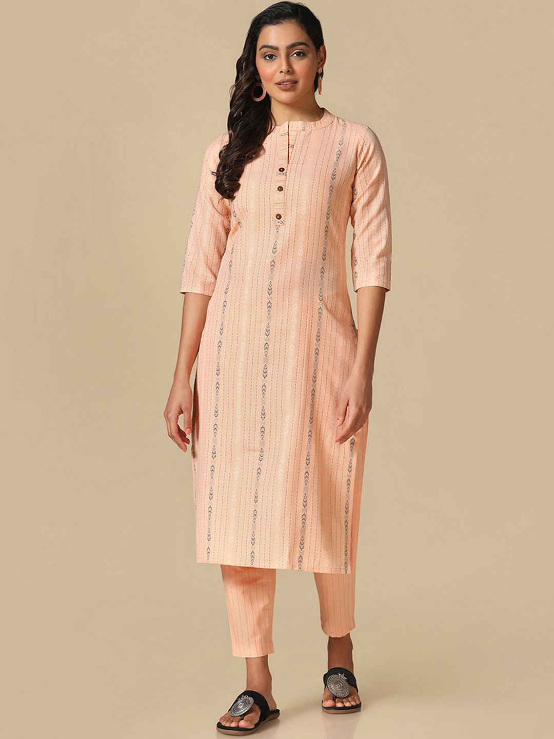 

KALINI Striped Mandarin Collar Thread Work Straight Kurta With Trousers, Peach