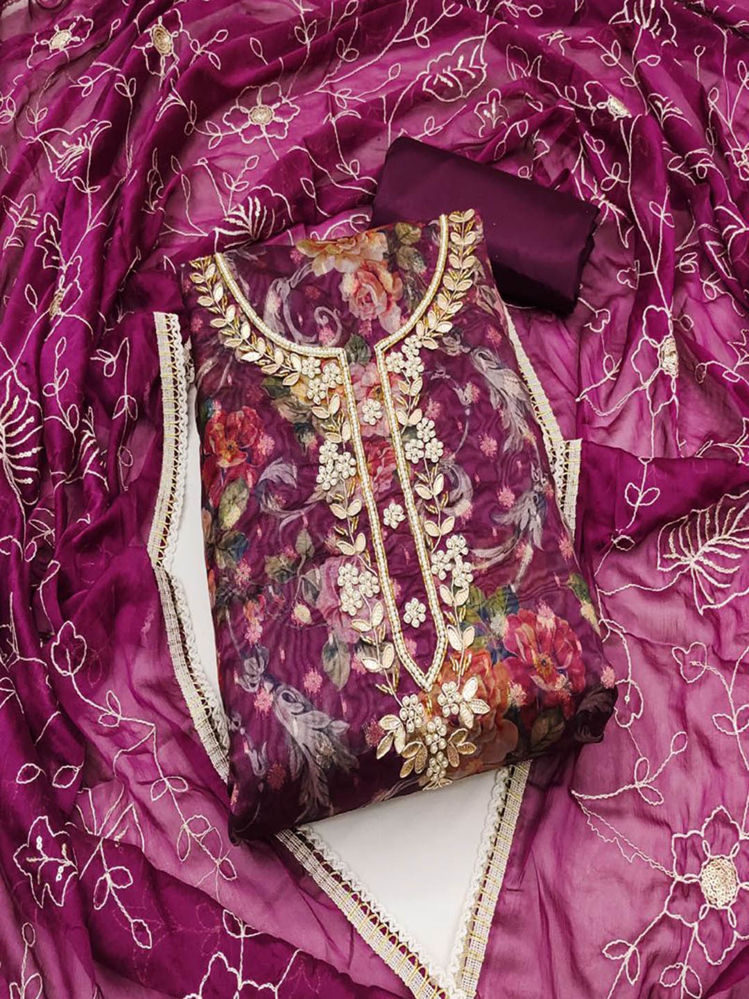 

ASISA Floral Printed Beads and Stones Organza Unstitched Dress Material, Violet