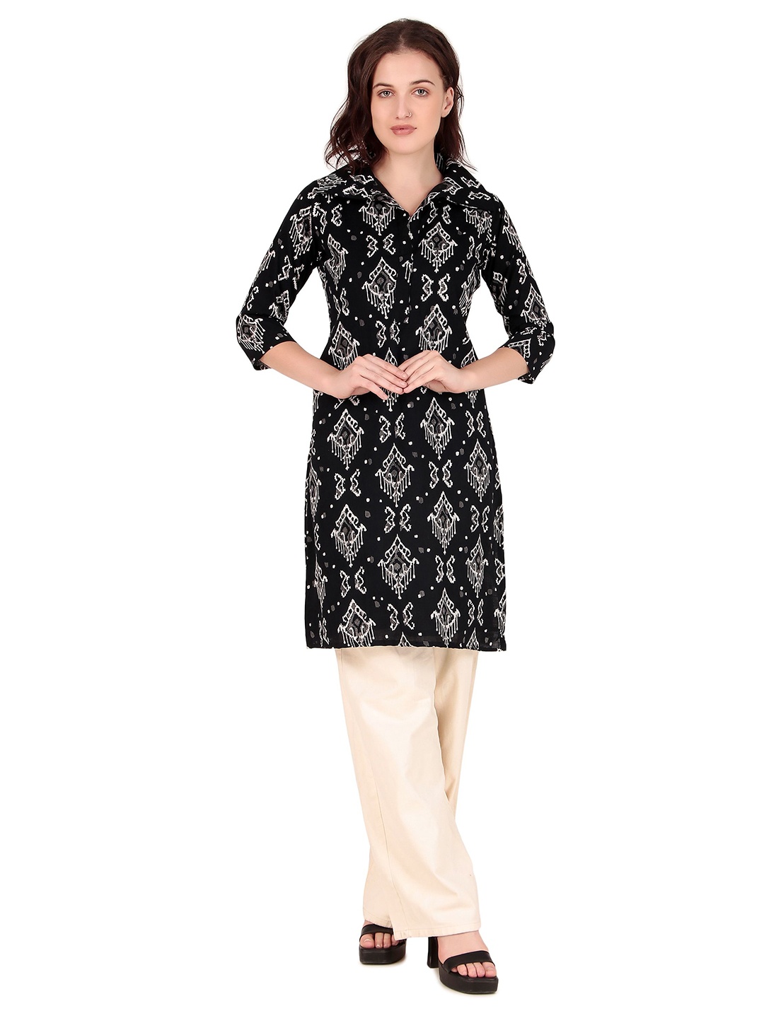 

PFFASHION Printed Pure Cotton Straight Kurta, Black