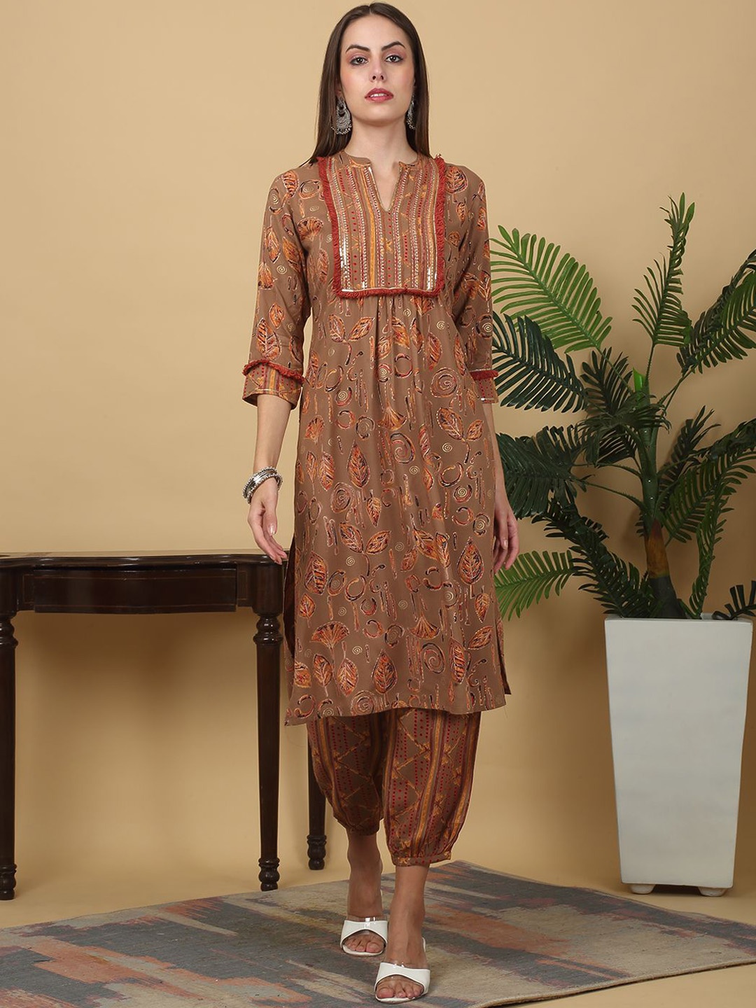 

KALINI Ethnic Motifs Printed Mandarin Collar Sequinned Straight Kurta with Salwar, Brown