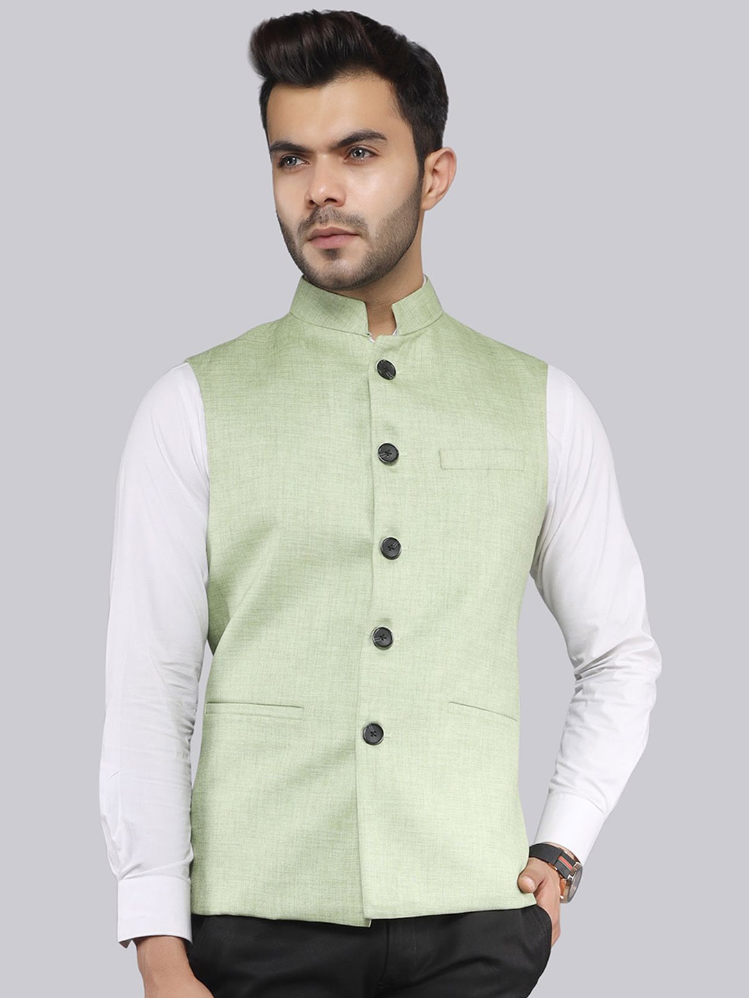 

LA'SCOOT Woven Linen Nehru Jacket, Sea green