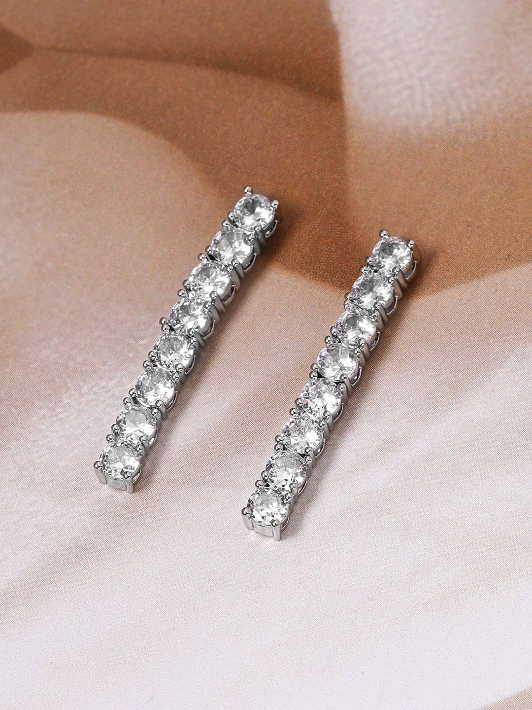 

Rubans Rhodium-Plated Cubic Zirconia Studded Linear Earrings, Silver