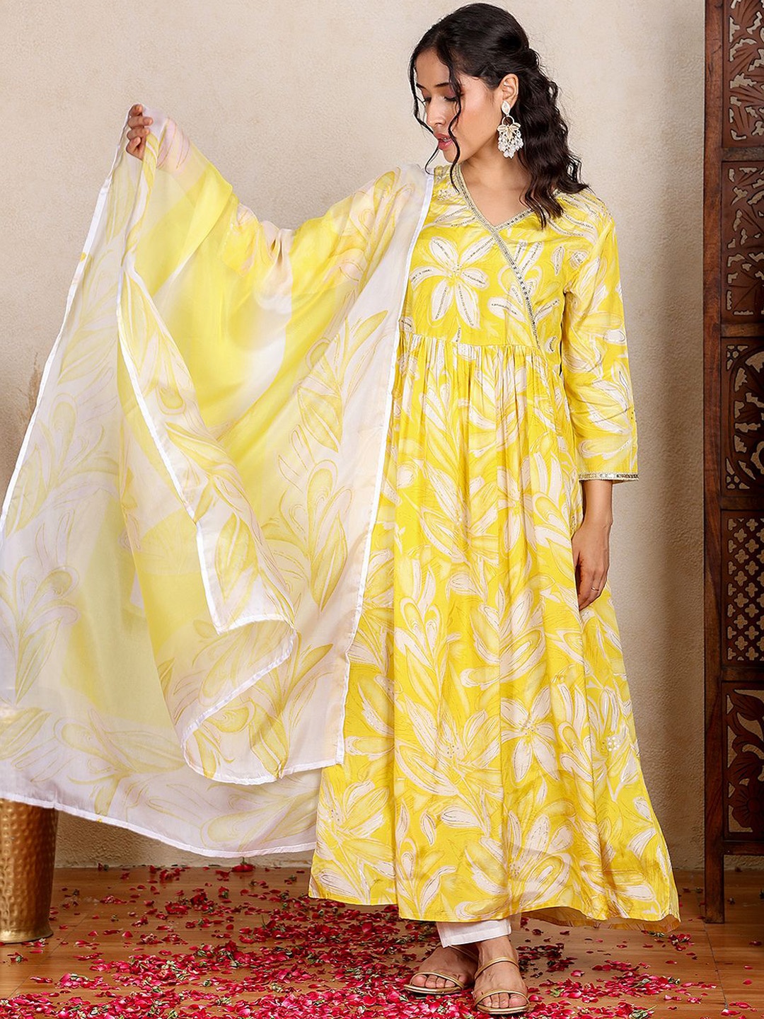 

Chowkhat Printed Anarkali Beads and Stones Pure Cotton Kurta with Trousers & Dupatta, Yellow