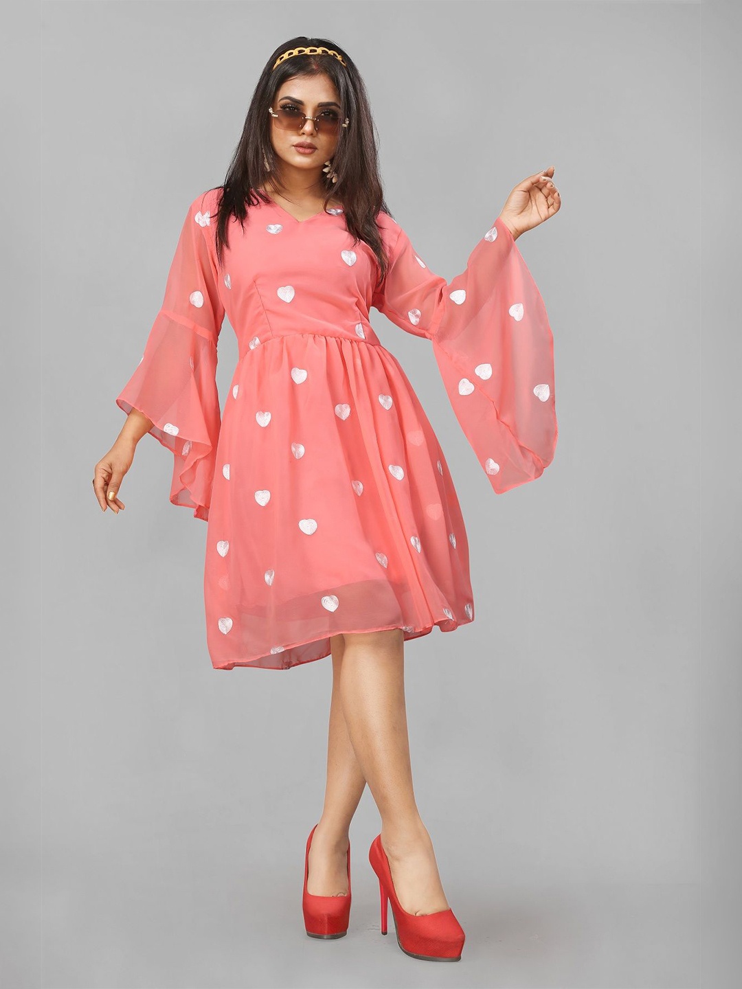 

LADY SHOPI Polka Dot Embroidered Bell Sleeve Georgette Fit & Flare Dress, Peach