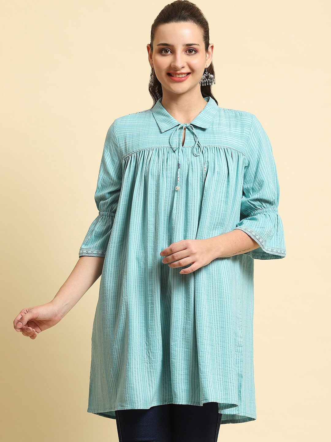 

Shree Liva Shirt Collar Striped Tunic, Turquoise blue