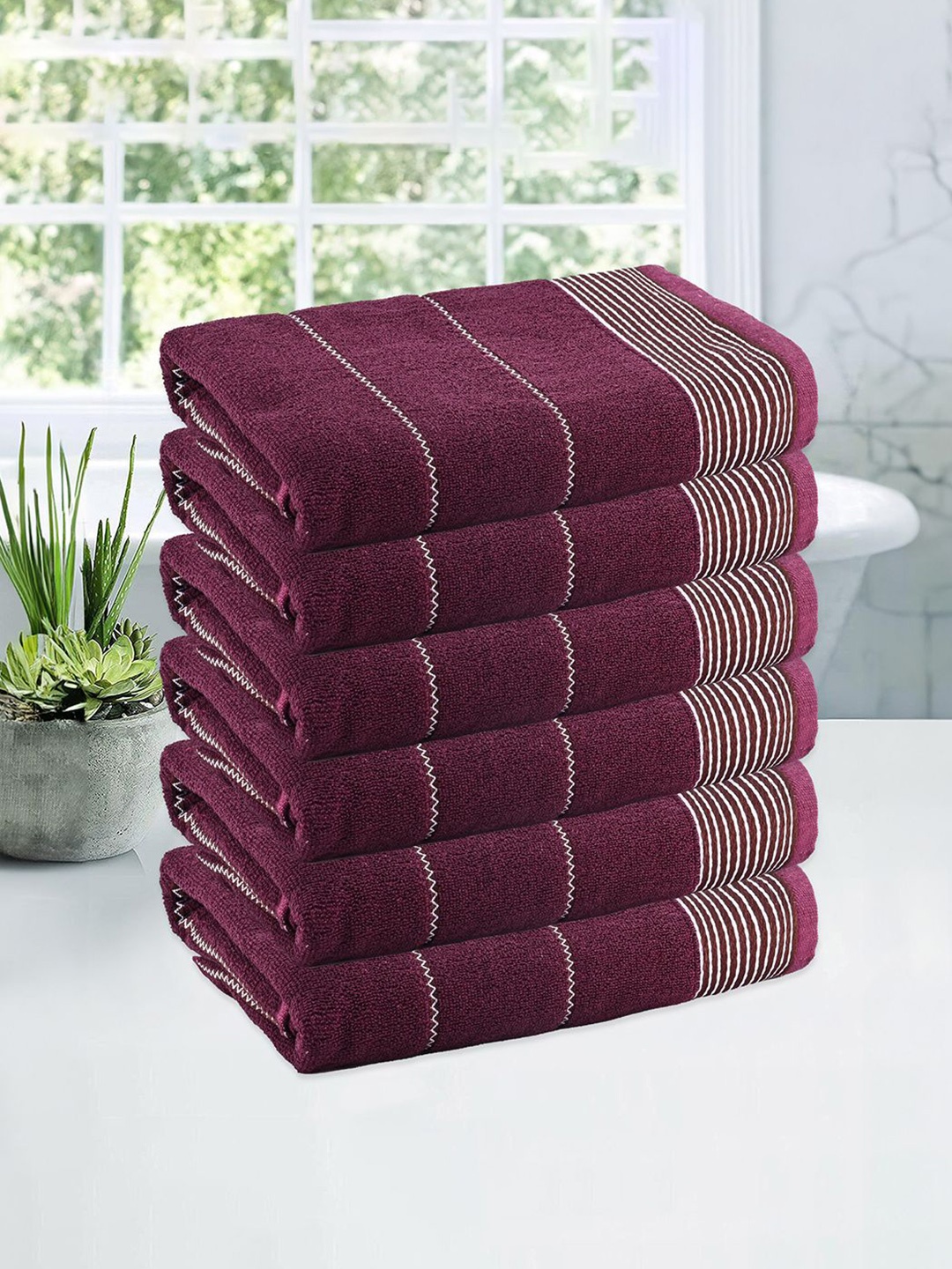 

Kuber Industries Maroon & White 6 Pieces Striped Cotton 450 GSM Bath Towel