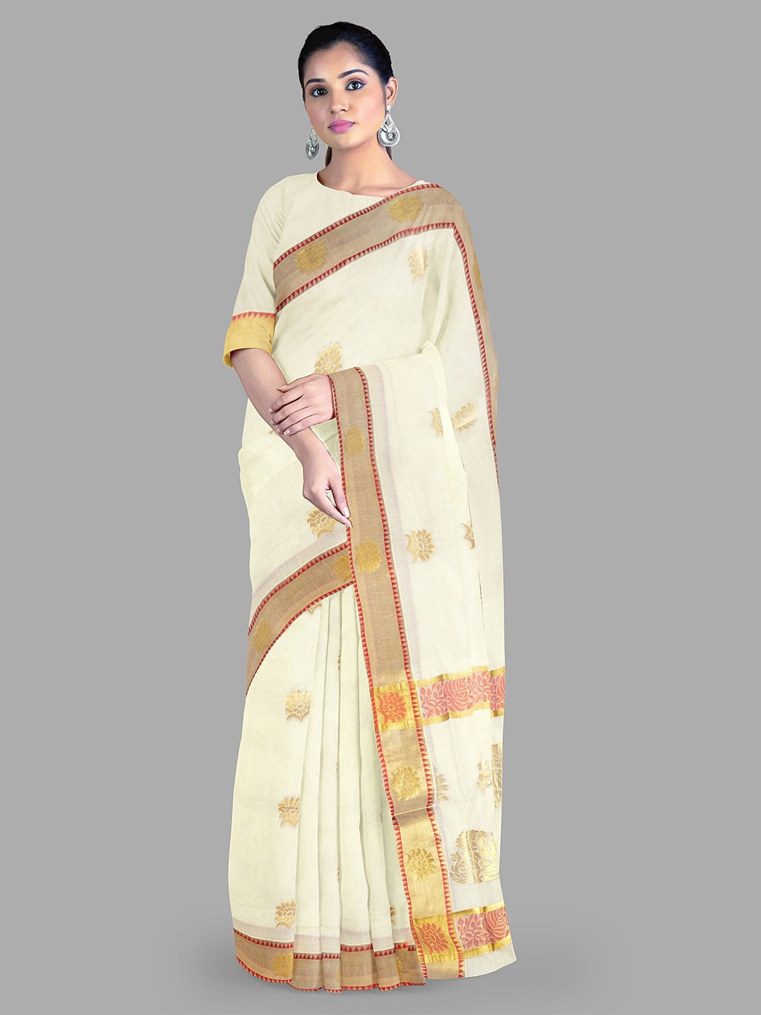 

The Chennai Silks Ethnic Motifs Zari Pure Cotton Kasavu Saree, Off white