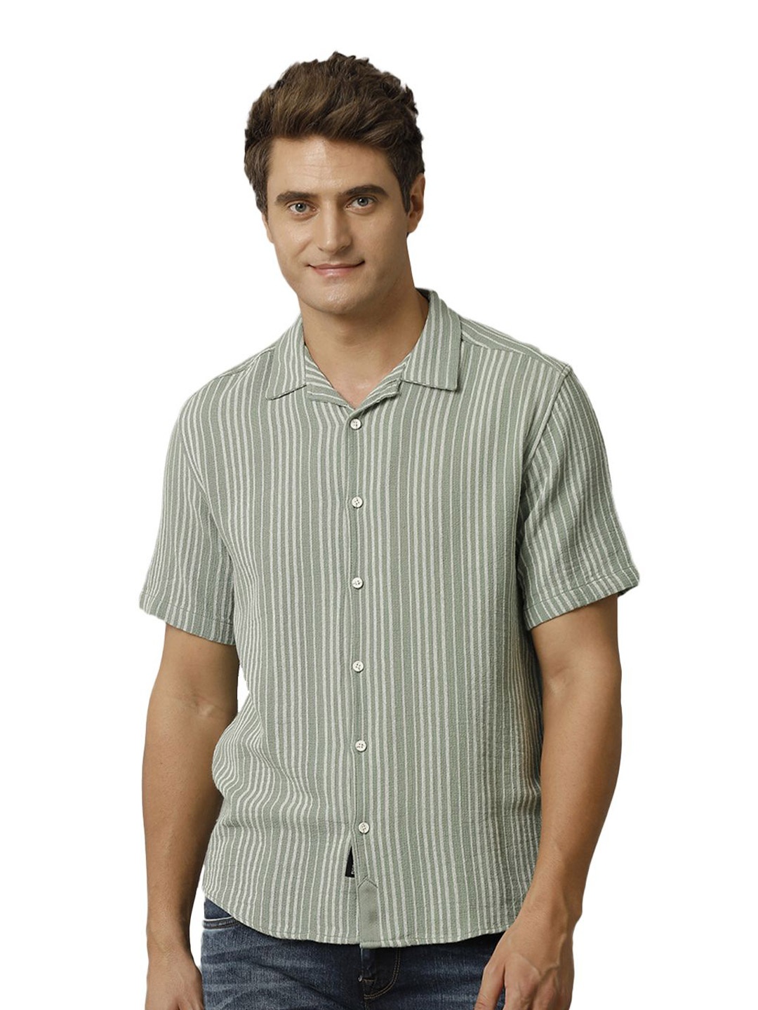

Voi Jeans Men Cuban Collar Vertical Striped Cotton Casual Shirt, Green