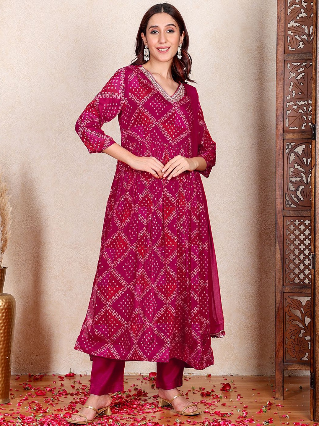 

Chowkhat Bandhani Printed A-Line Kurta with Trousers & Dupatta, Pink