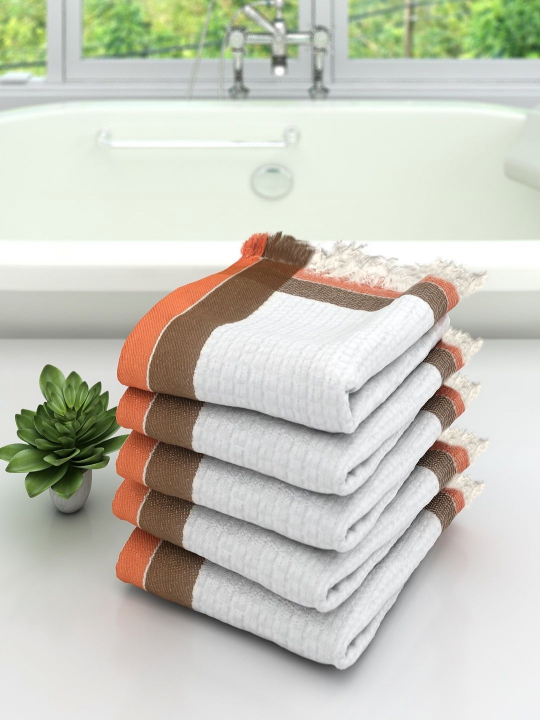 

Aura White & Orange 5 Pieces Textured High Absorbent Cotton 210 GSM Bath Towels