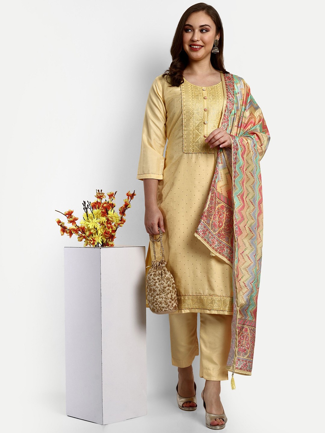 

V B SONS Ethnic Motifs Embroidered Beads and Stones Kurta With Trousers & Dupatta, Yellow