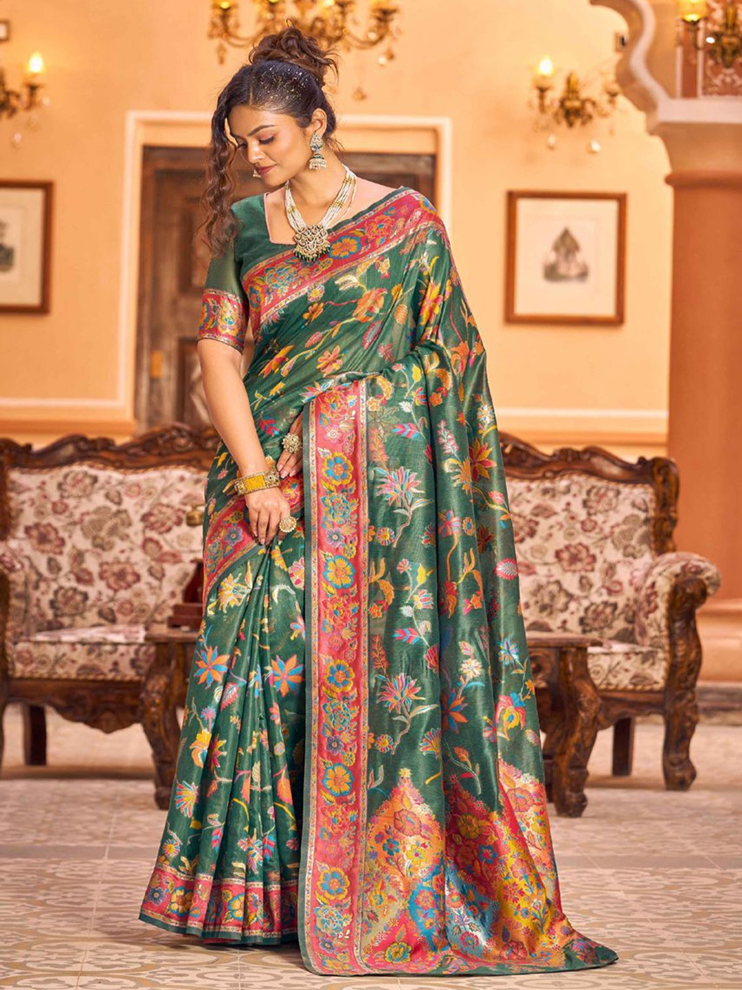 

Krimmple Woven Design Festive Saree With Zari, Green