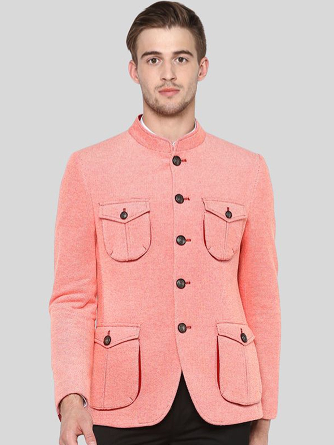 

Givo Tailored Fit Bandhgala Cotton Casual Blazer, Pink