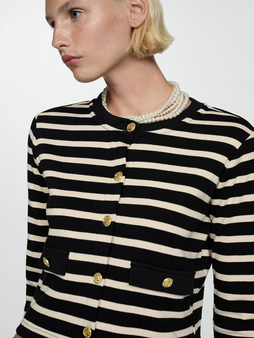 

MANGO Women Striped Pure Cotton Crop Cardigan, Black