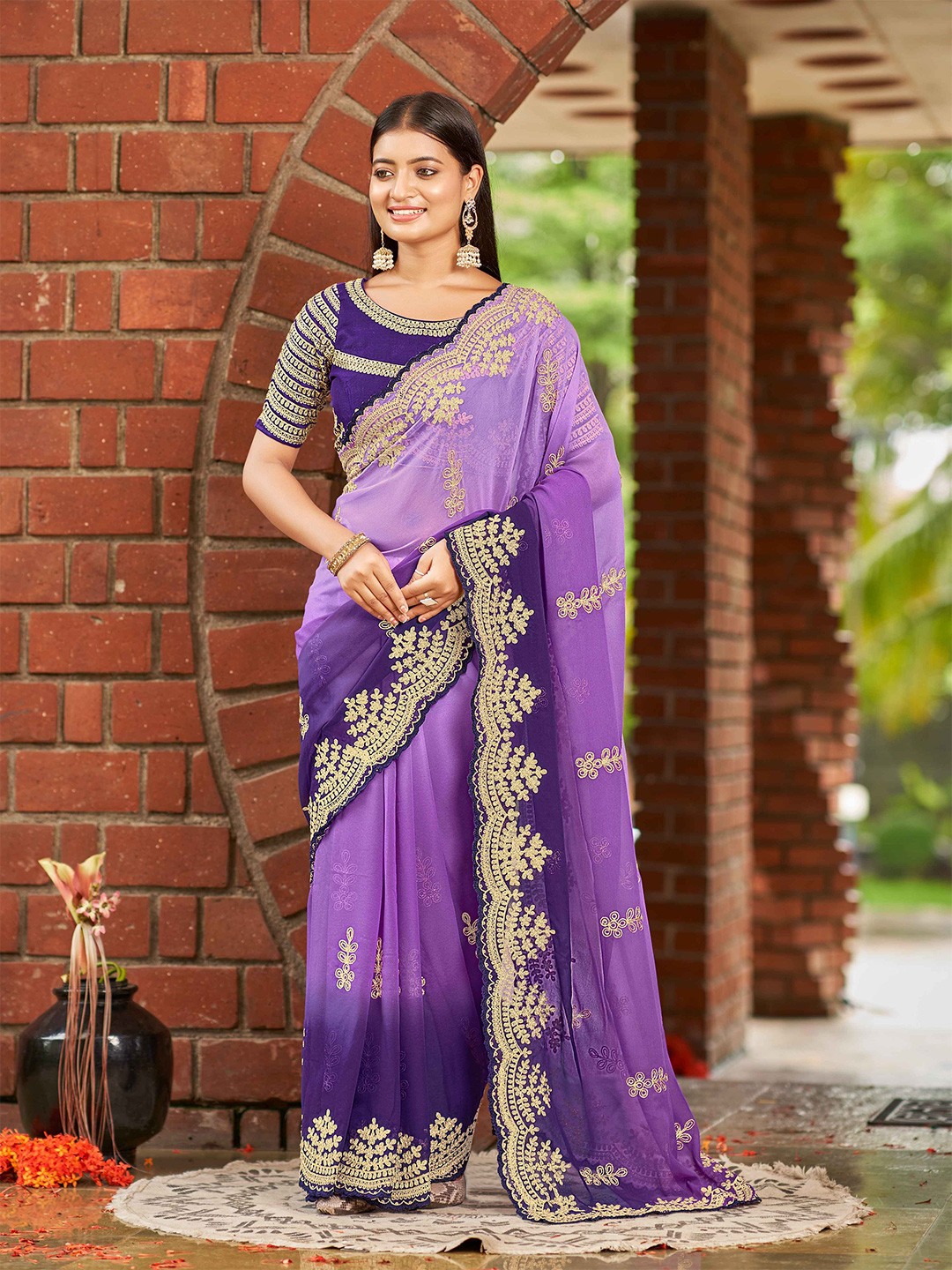 

Zeekha Floral Embroidered Pure Georgette Saree, Purple