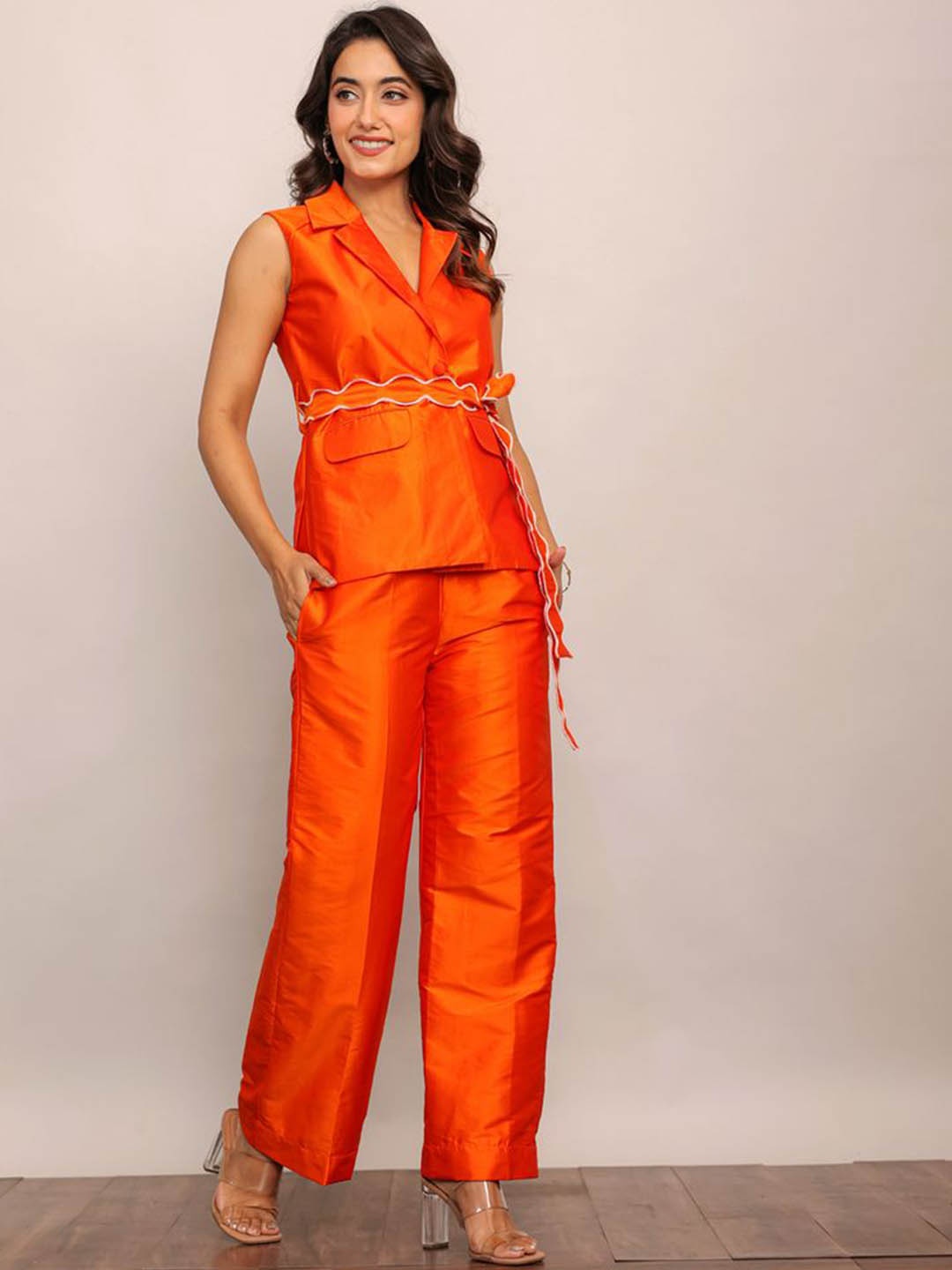 

KAORI BY SHREYA AGARWAL Sleeveless Crop Top With Trousers & Tie Up Belt, Orange