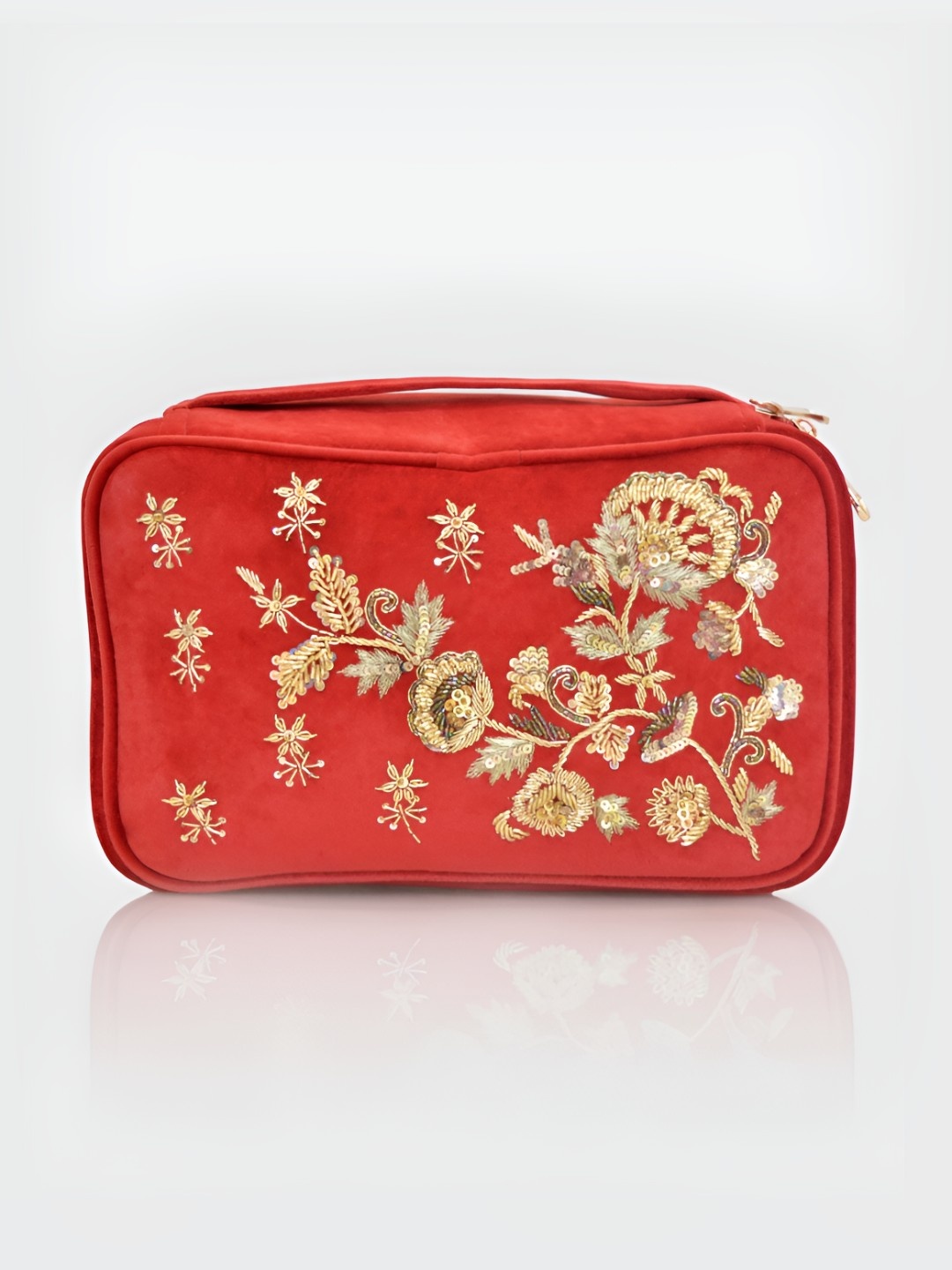 

D'oro Red & Gold Toned Self Design Velvet Jewellery Organiser