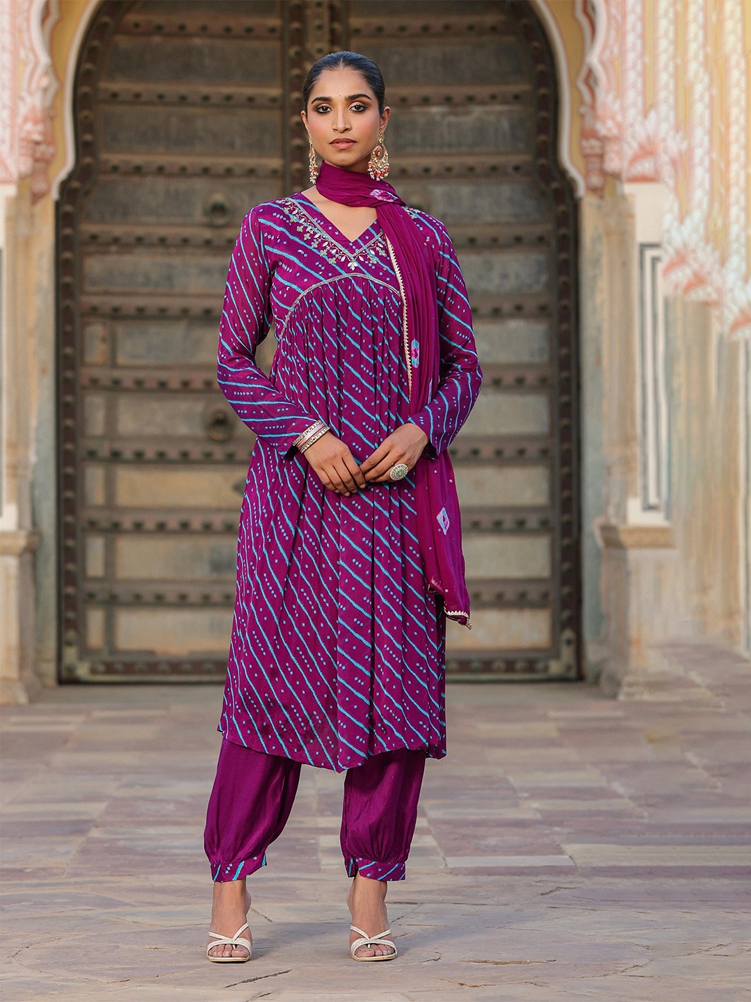 

SCAKHI Bandhani Printed V-Neck Empire Gotta Patti Anarkali Kurta With Salwar & Dupatta, Purple