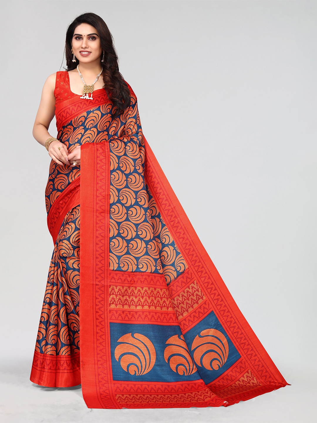 

VIRICA Geometric Printed Saree With Solid Border, Blue