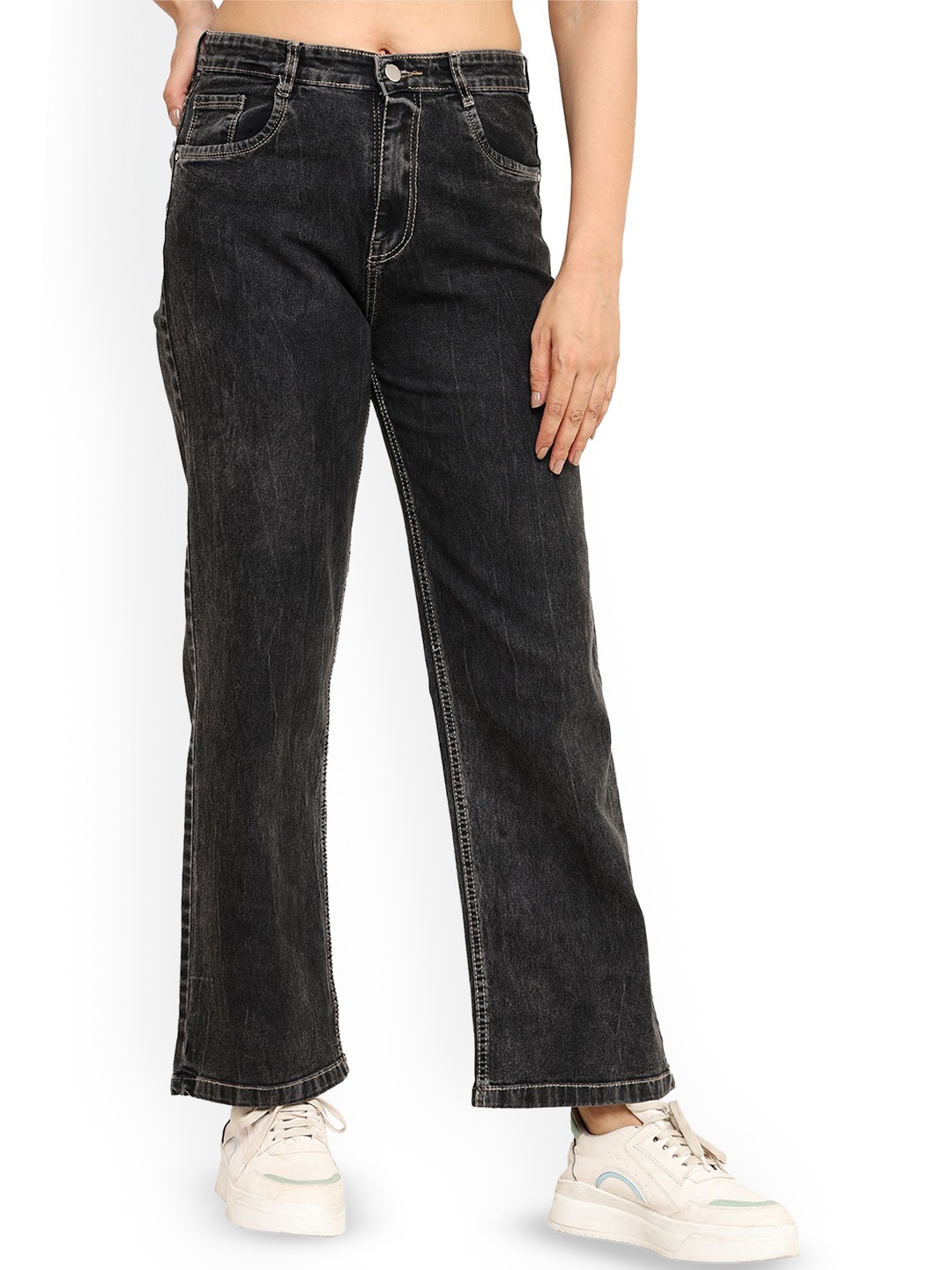 

zayla Women Comfort Wide Leg High-Rise Ripped Cropped Jeans, Black