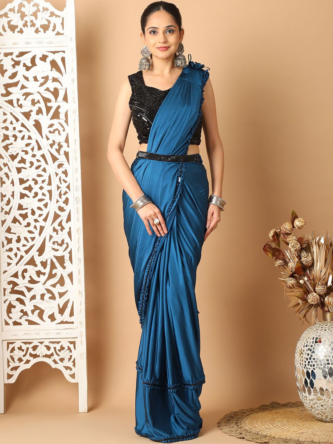 

Mitera Solid Embroidered Ready to Wear Saree, Turquoise blue