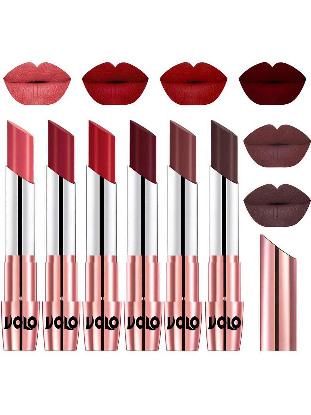

VOLO Set Of 6 Creme Matte Lipstick-Dark Peach-Red-Tomato Red-Maroon-Coffee-Chocolate