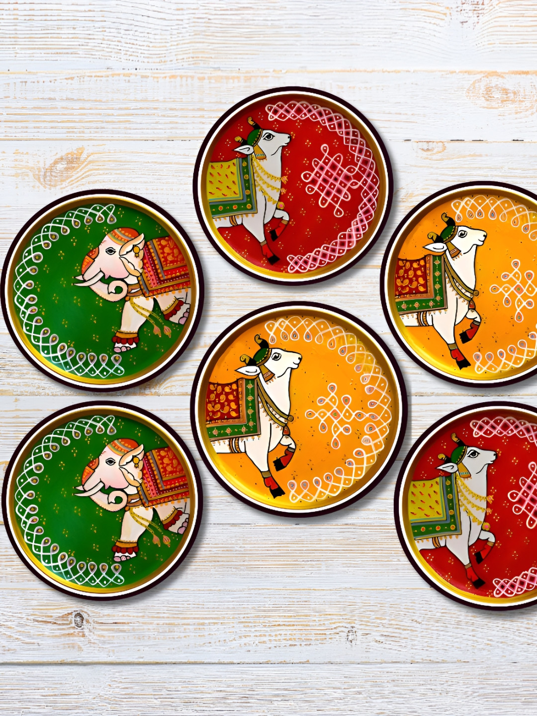 

Home Delight Green & Red 6 Pieces Elephant Cow Printed Round Wooden Coasters