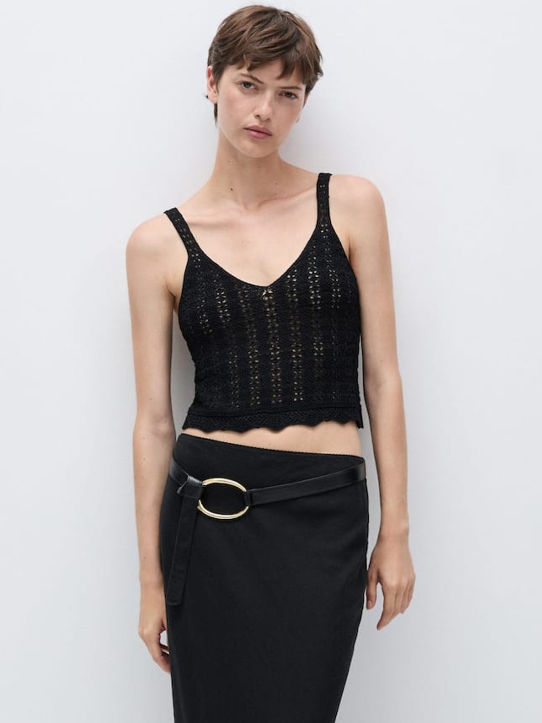 

MANGO Crochet Open-Knit Top, Black