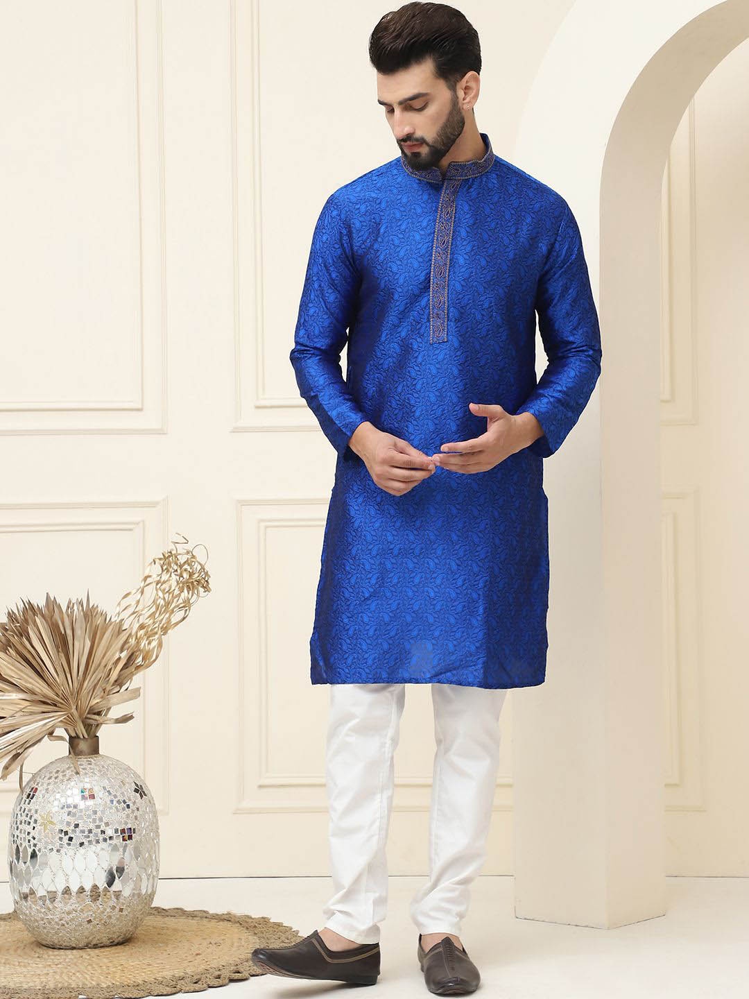 

SOJANYA Paisley Woven Design Mandarin Collar Silk Cotton Straight Kurta with Pyjamas, Blue