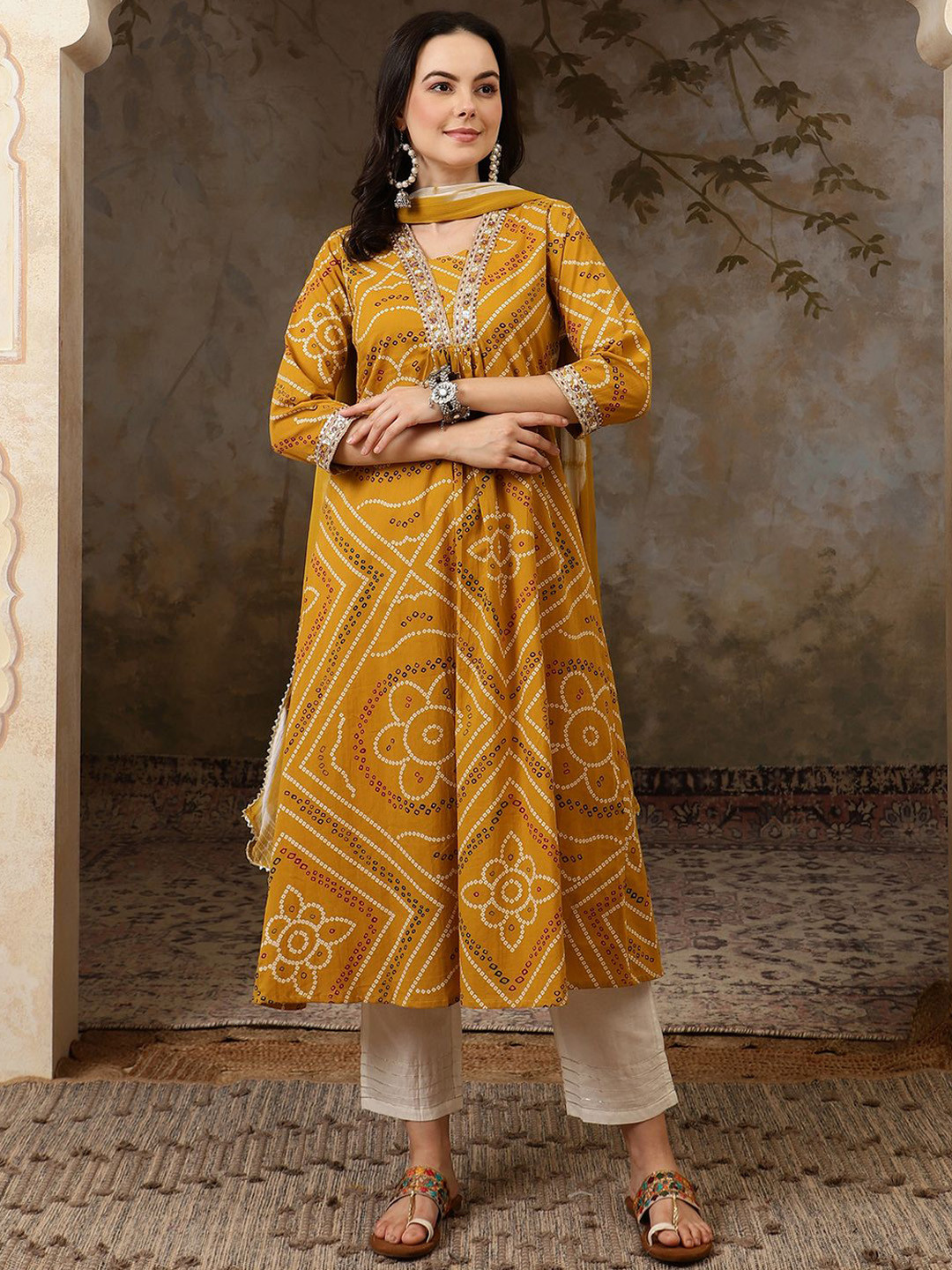 

BANDIA Bandhani Printed Panelled Pure Cotton Anarkali Kurta with Trousers & Dupatta, Yellow