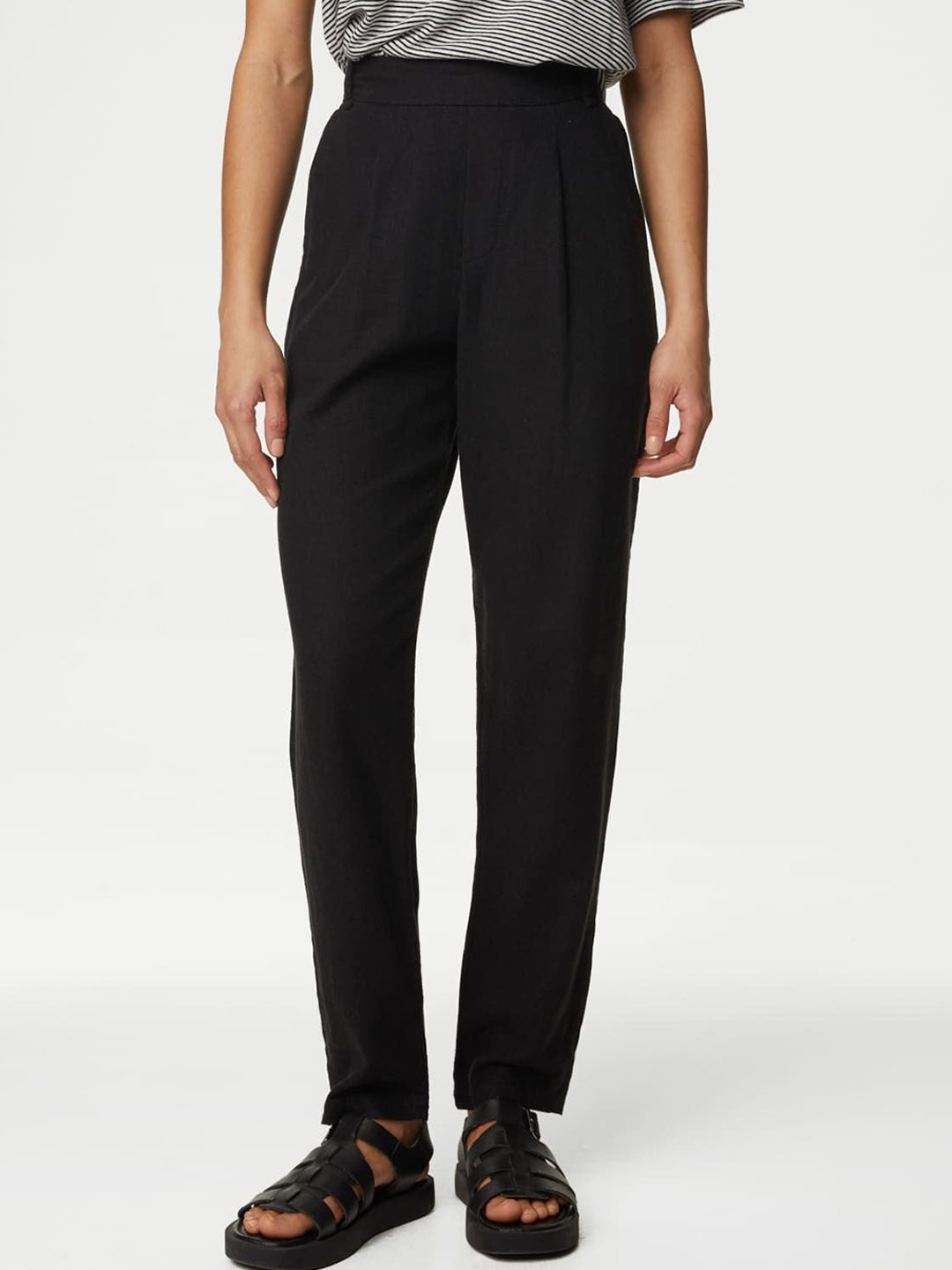 

Marks & Spencer Women Tapered Fit High-Rise Pleated Trousers, Black