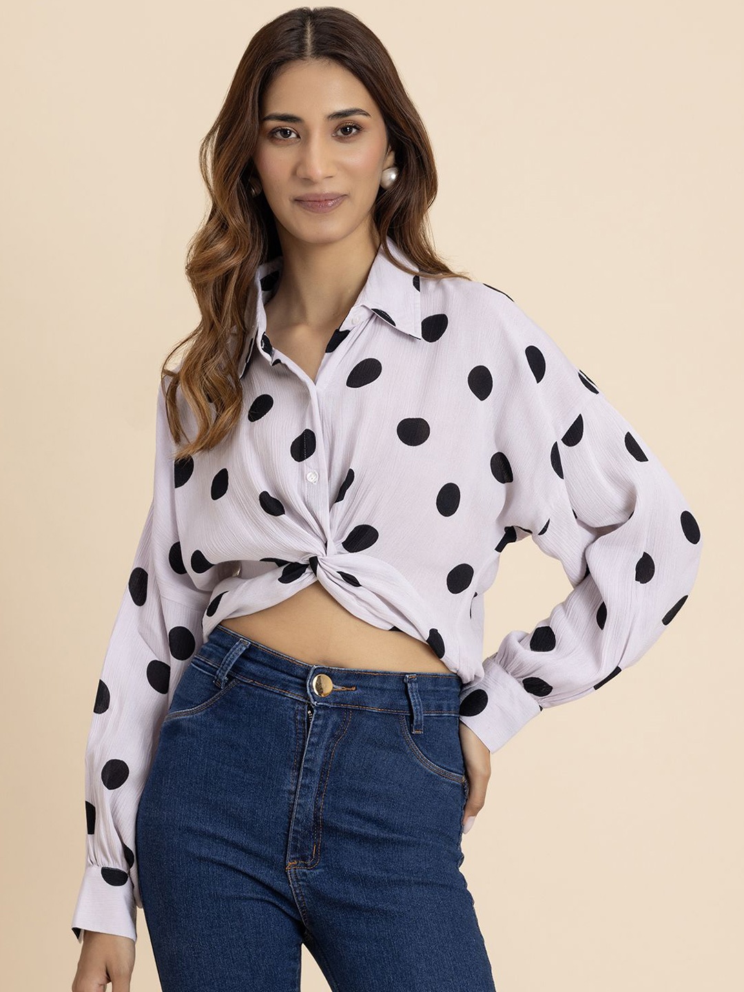 

Moomaya Women Spread Collar Polka Dots Printed Relaxed Fit Casual Shirt, White