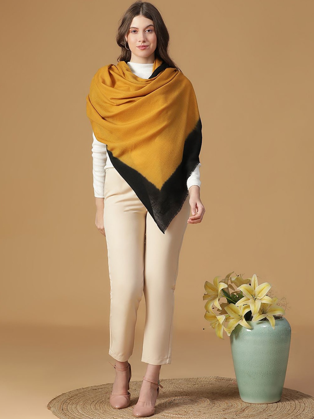 

SHINGORA Celestial Elegance Dobby Fringed Shawl, Mustard